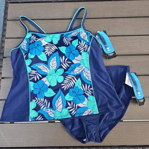 TYR Women Blue Aurora High Back Tankini Top (22W) & High-waisted Bottom (18) New - Picture 1 of 5